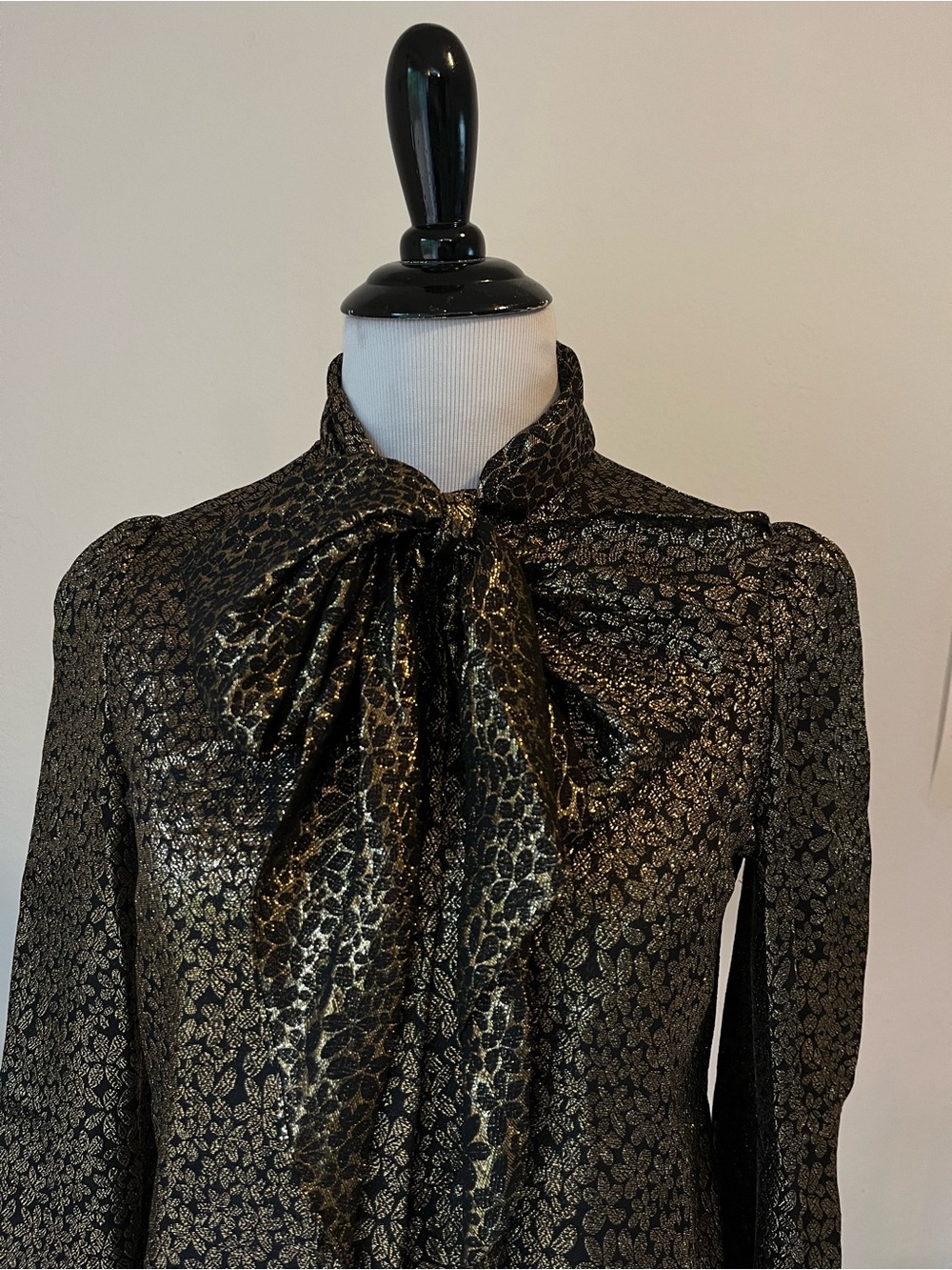 Saint Laurent Silk Blouse Size 34 Black Gold Flower Metallic Bow Lurex